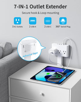 DYZYCLICAL all-in-one outlet with 3 AC, USB-A, and USB-C ports for devices.
