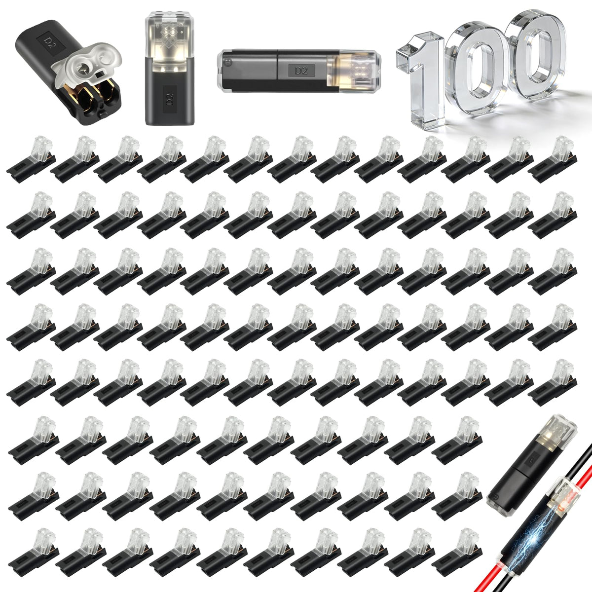 DZZ 100-pack low-voltage connectors for quick, secure wiring on LED projects.