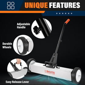 E BAVITE telescopic handle extended from 35 to 55 inches for ergonomic sweeping.