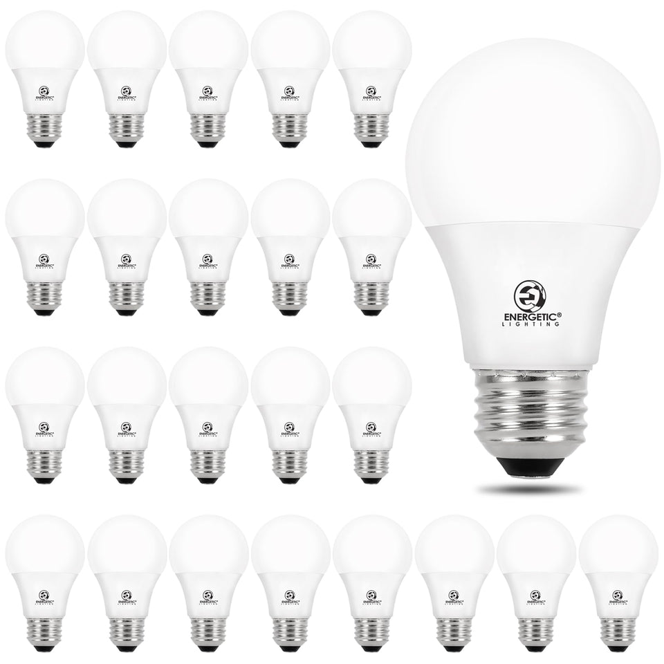 E Energetic Lighting 24-pack A19 LED bulbs for easy room-wide replacement.