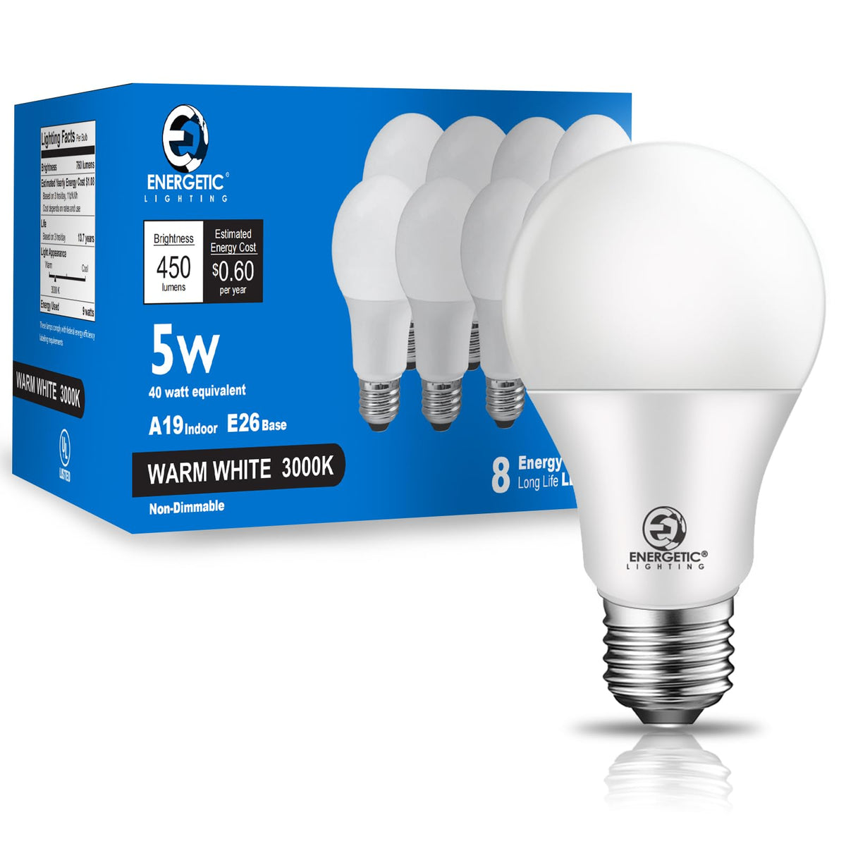 E Energetic Lighting 40W-equivalent A19 bulb, front view, energy-saving eight-pack.