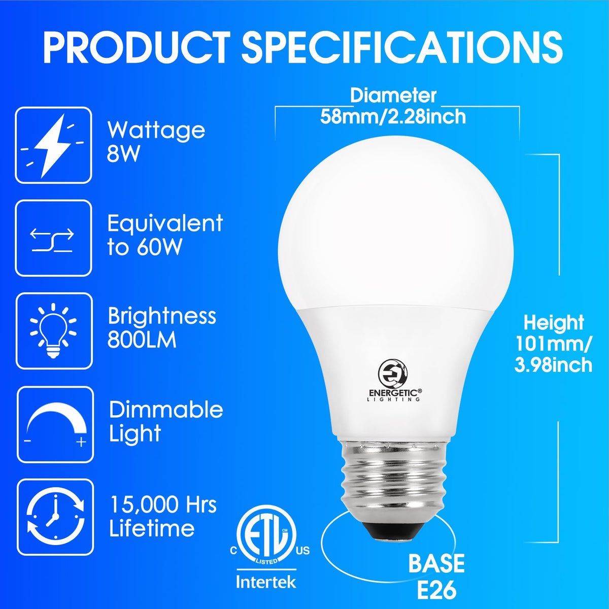 E Energetic Lighting warm white 3000K bulb ideal for cozy living spaces.