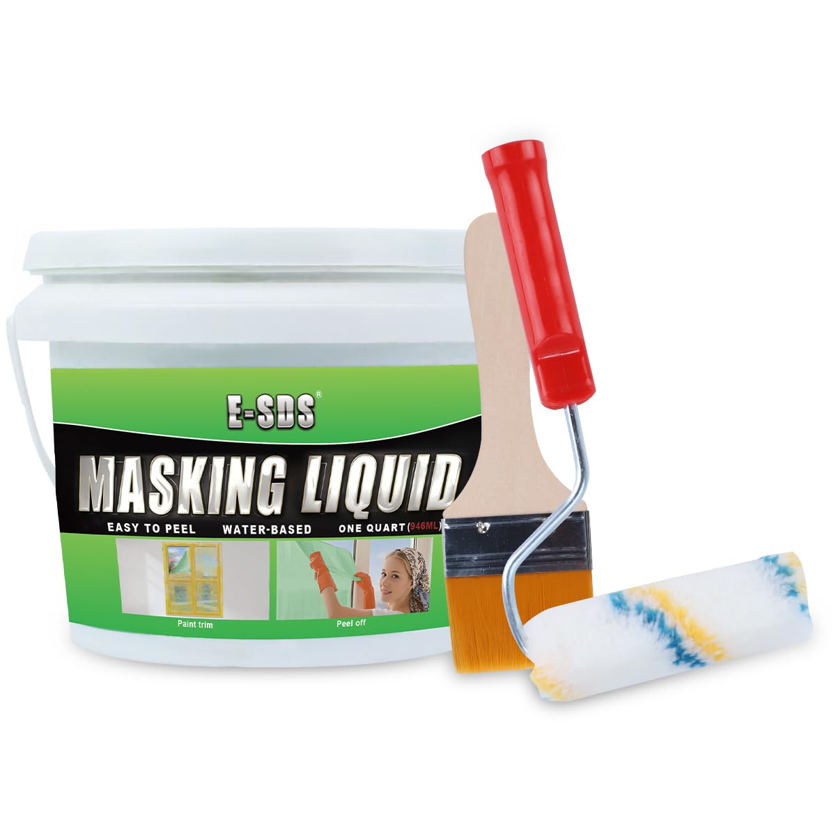 E-SDS masking liquid tape in green bottle with roller for glass protection during painting.