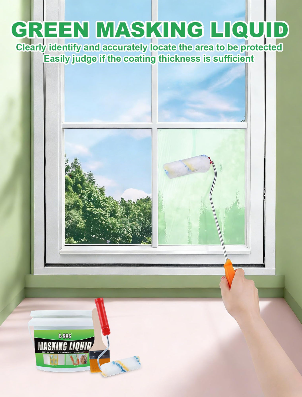 Transparent peelable coating on glass shows protected areas and clean removal after painting.