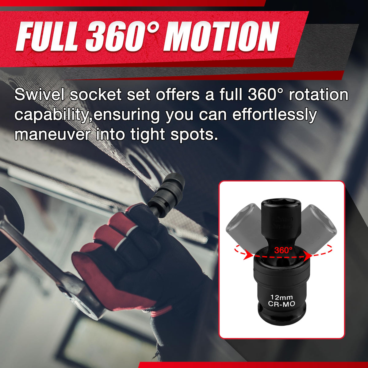 EACELIY 360-degree swivel socket enables tight spot access