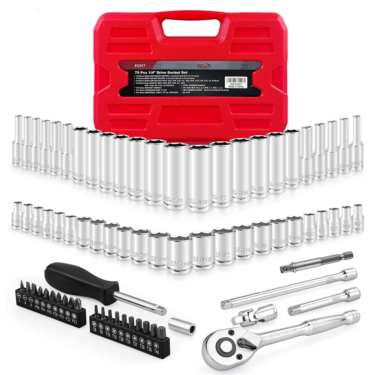 EACELIY 1/4 drive impact socket set with 75 pieces for versatile home and shop repairs