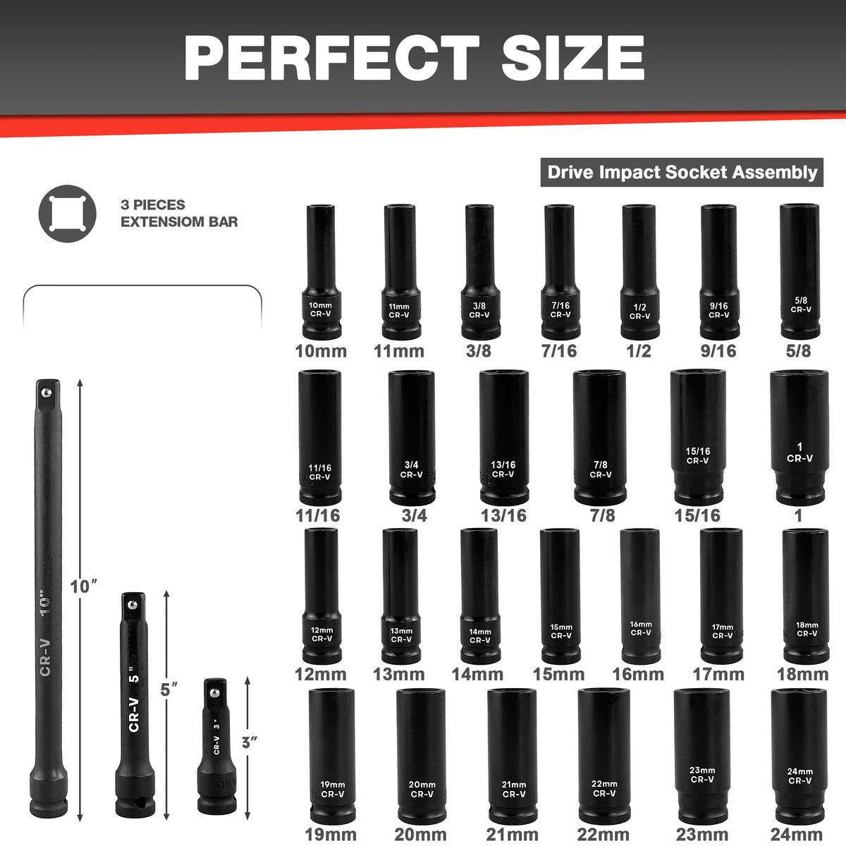 EACELIY SAE sockets range from 3/8 to 1 inch for common fasteners.