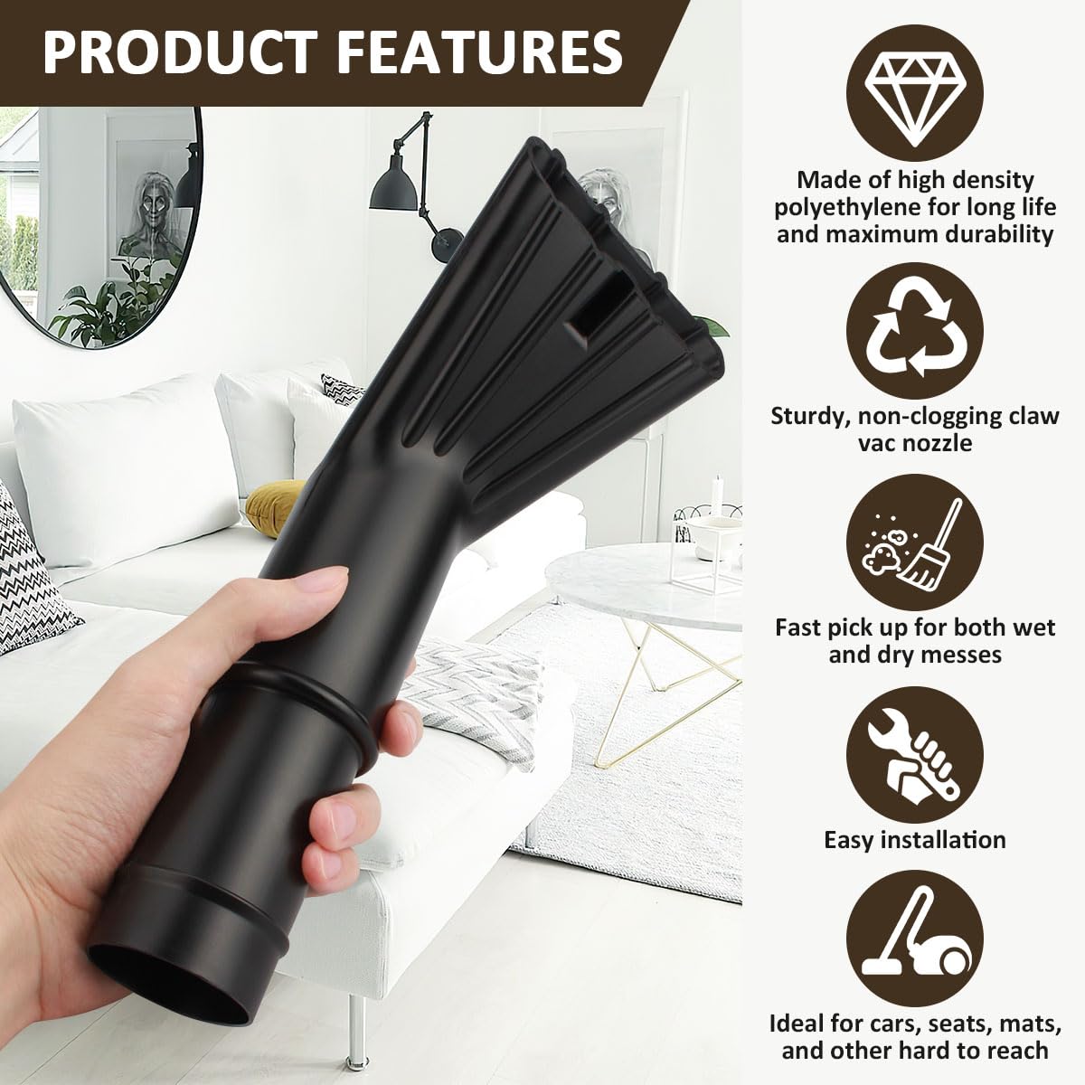 EAGLEGGO Nozzle on Shop Vac Hose demonstrates versatile attachment for tight spaces.