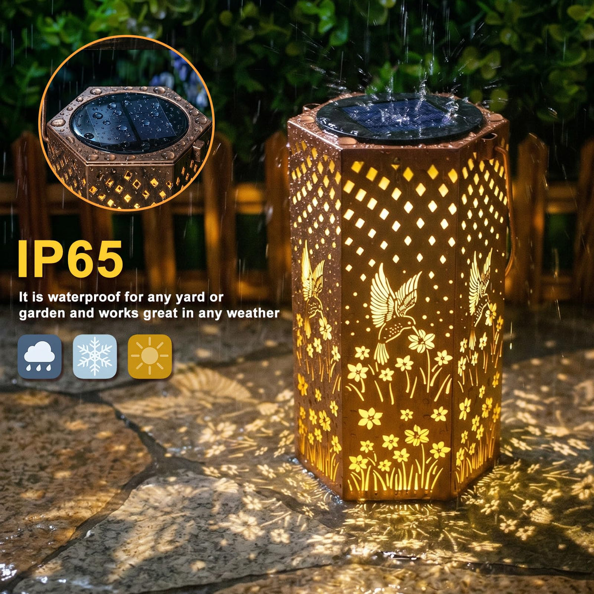 Eandisom hollow-out metal-veneer lantern casts patterned light.
