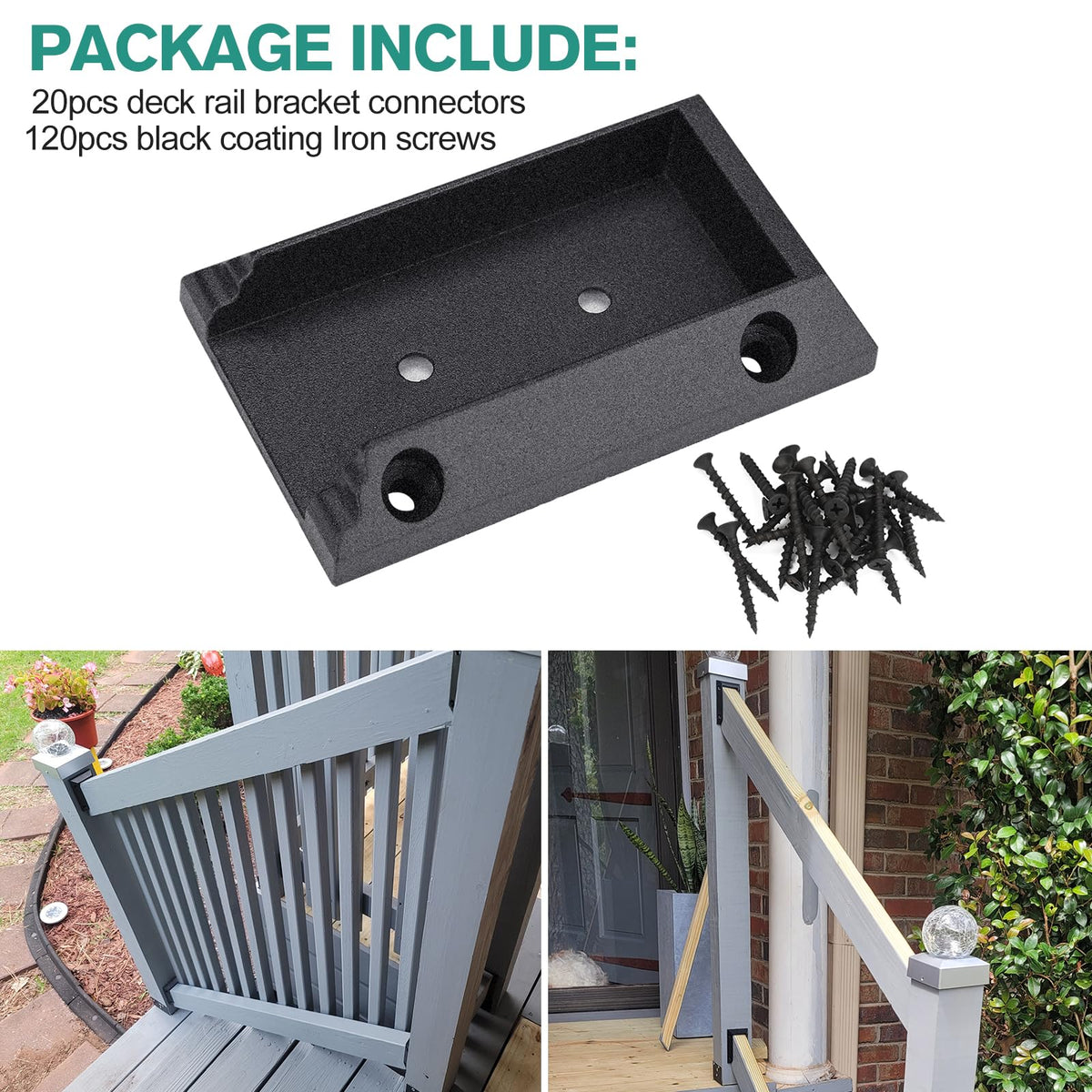 Eapele deck rail bracket package displays 20 connectors and 120 screws for complete coverage.