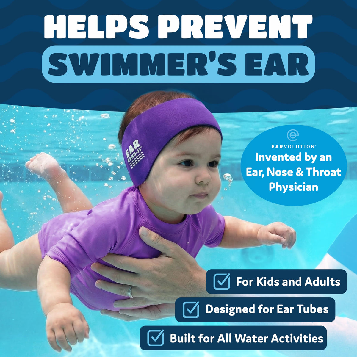 Ear Band-It Original durable neoprene provides comfortable protection during swimming.
