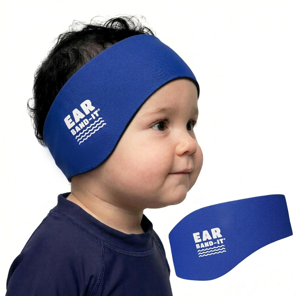Ear Band-It Original swim headband in blue keeps earplugs secure for water activities.