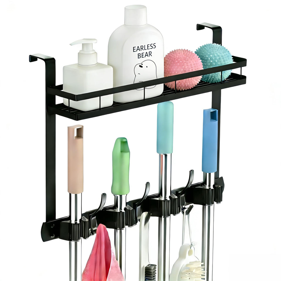 EARLESS BEAR over-the-door broom holder being assembled for easy installation
