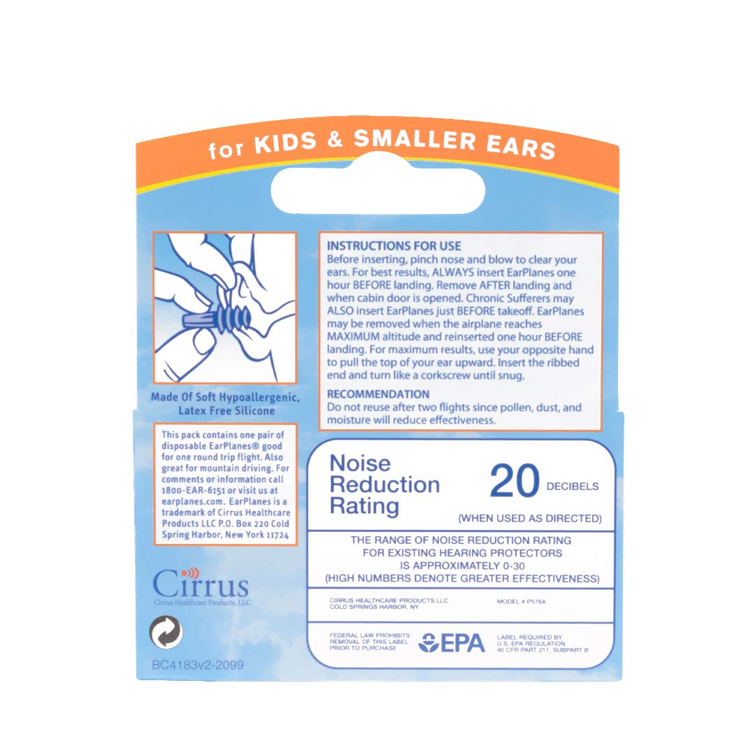 A child wearing EarPlanes Plus to help regulate cabin pressure on ascent