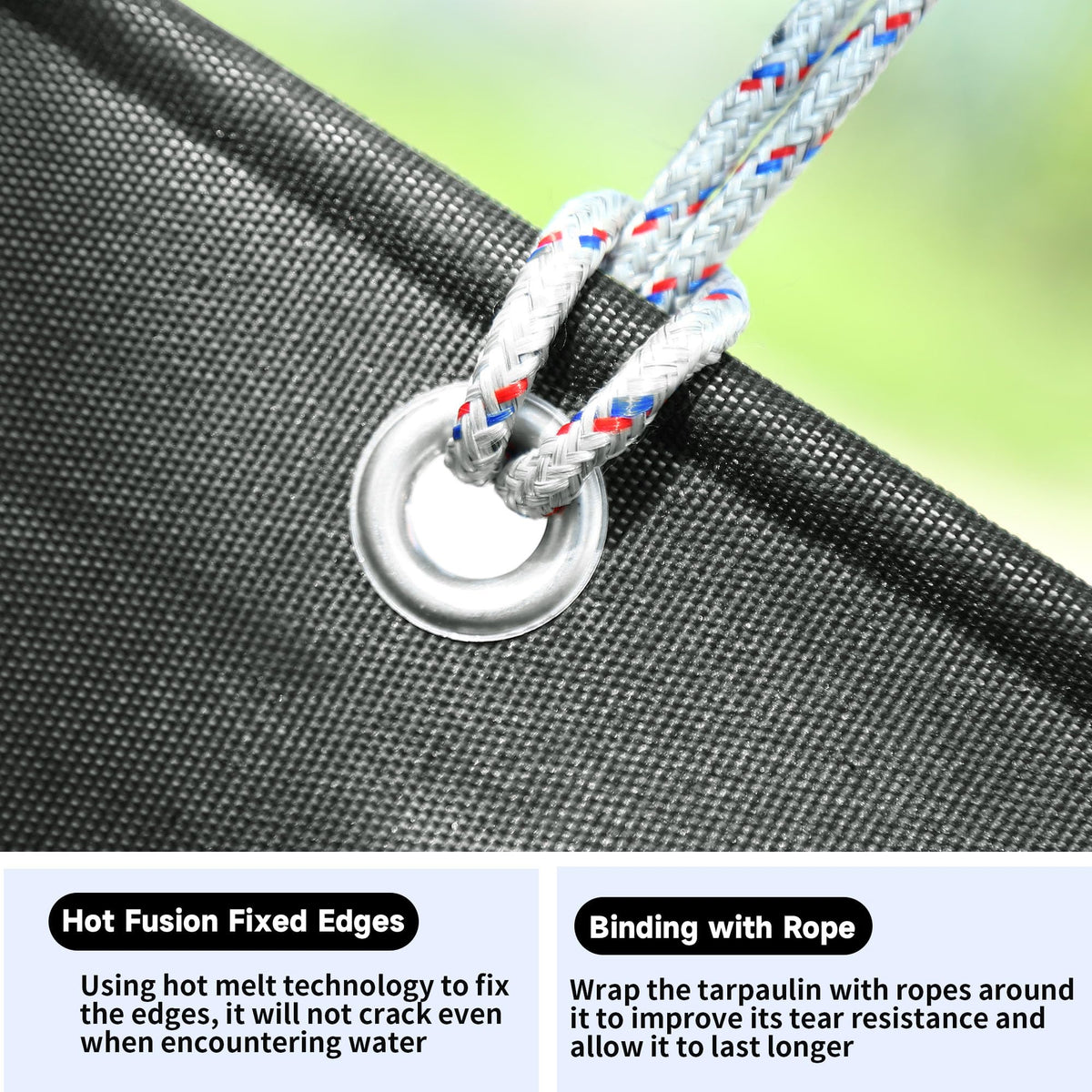 Eastarp tarpaulin with reinforced edges and internal ropes for durability.