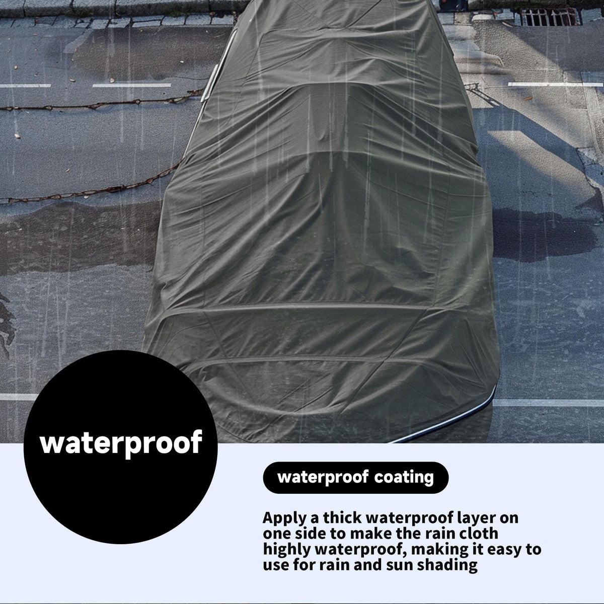 Eastarp tarpaulin protecting a boat, pool, and outdoor equipment in black finish.