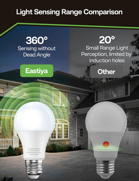 Eastiya dusk-to-dawn bulb illuminates a garage entry at night