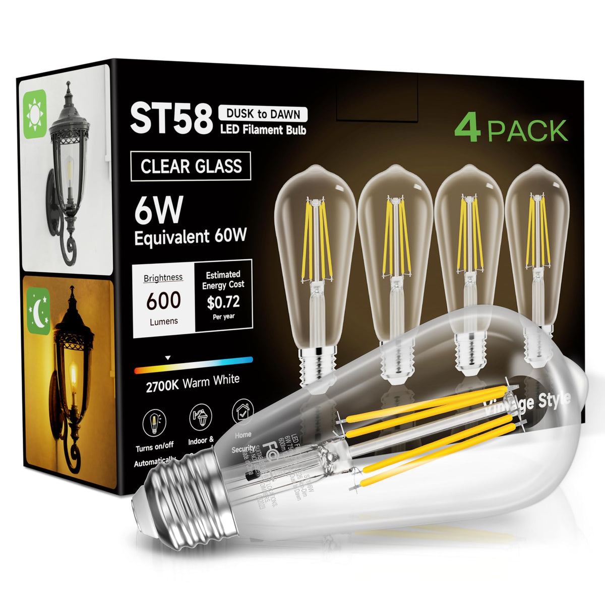 Eastiya dusk-to-dawn outdoor bulb for porch with vintage glow