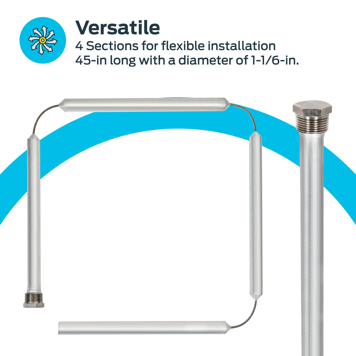 Eastman anode rod cut-to-fit shows flexible magnesium links for customized tank protection.