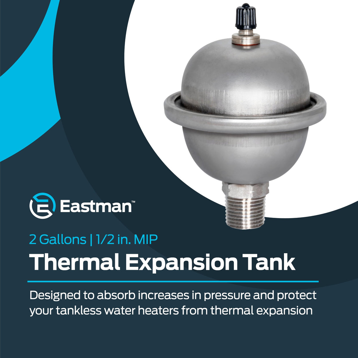 Eastman Mini Expansion Tank with half-inch threaded connection fits most water heaters.