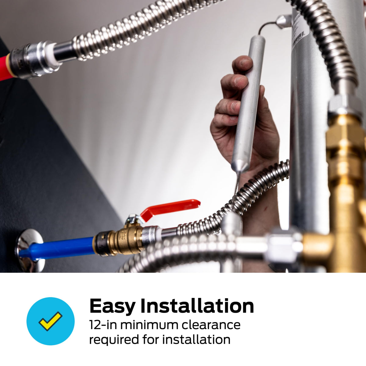 Eastman water heater installation scene featuring the flexible rod for easy setup.