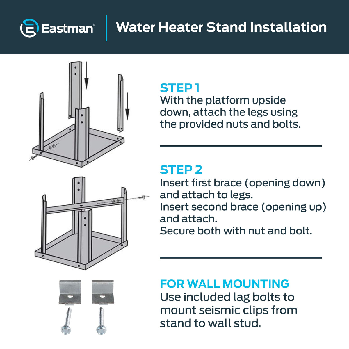 Eastman water heater stand includes safety clips to secure installation.