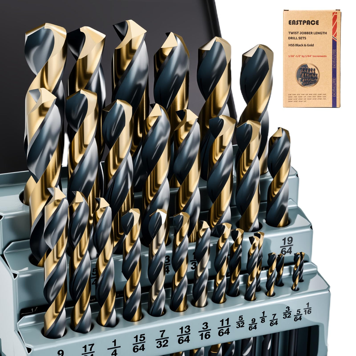 EASTPACE drill bit set close-up with black-gold coating for wear resistance.