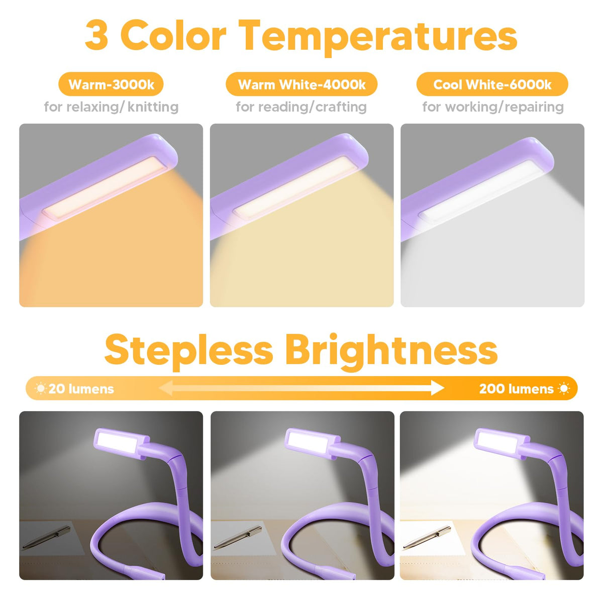 EastPin purple neck reading light features a 270-degree head for flexible aim.