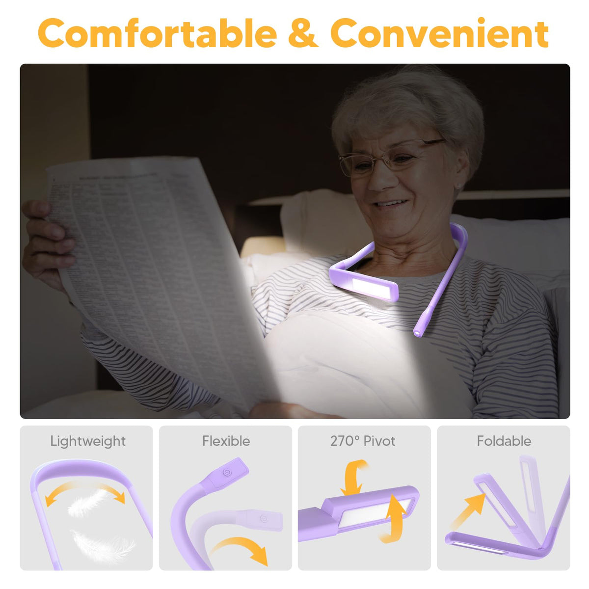 EastPin purple neck reading light has a 2000mAh recharge battery for longer sessions.