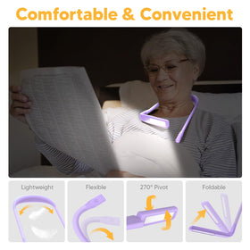 EastPin purple neck reading light has a 2000mAh recharge battery for longer sessions.