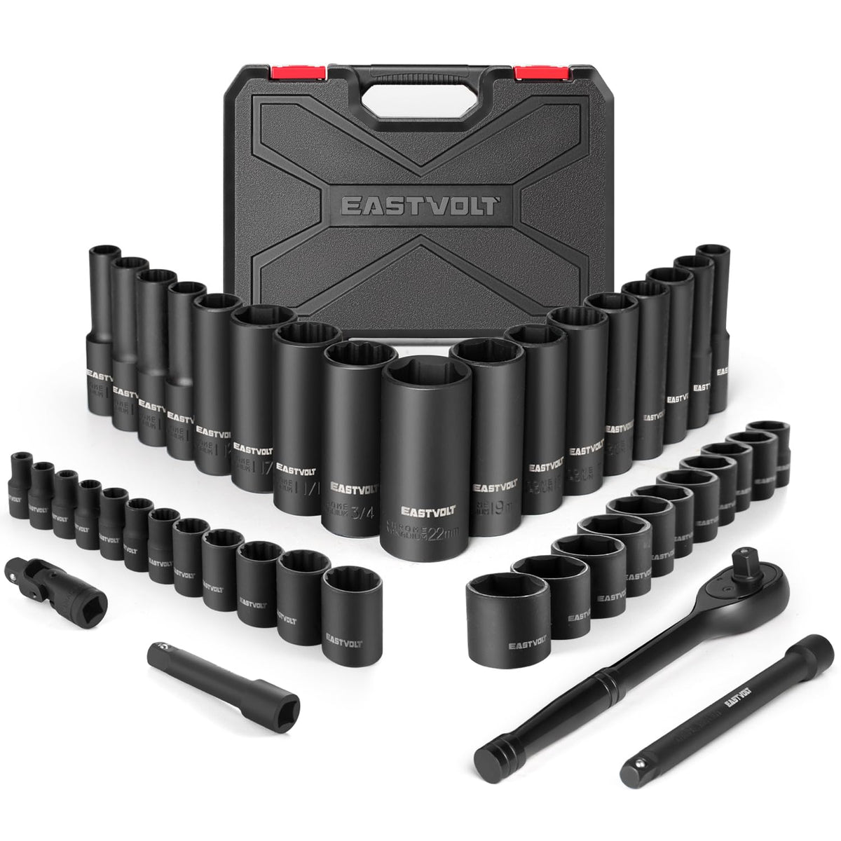 Eastvolt 46-piece drive socket set in case, organized for easy transport and quick access.