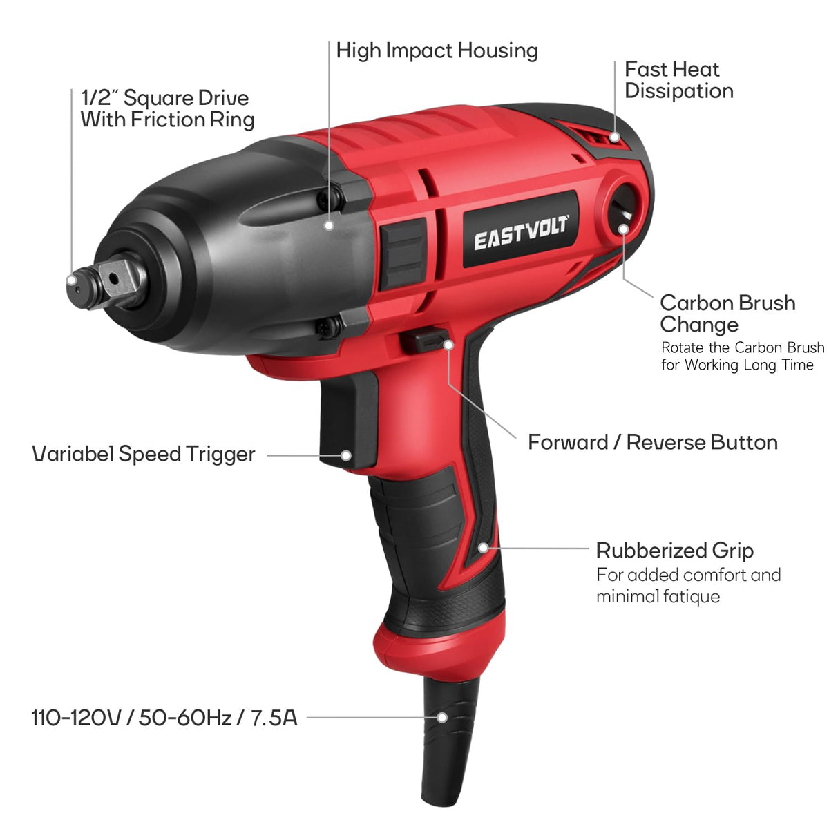 Eastvolt 800W impact wrench rear view with power switch and grip