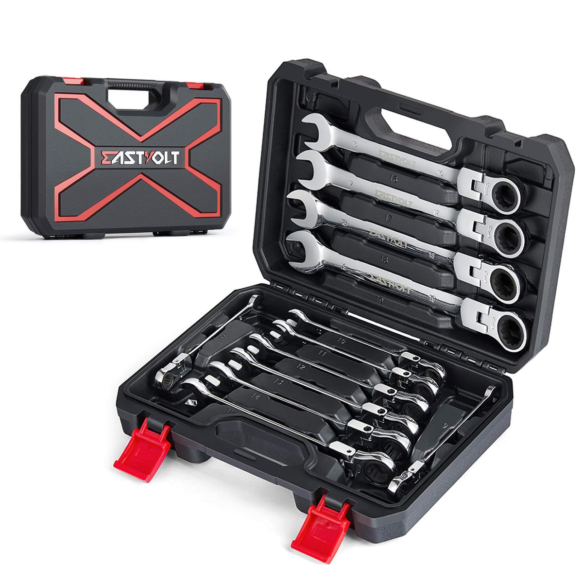 Eastvolt flex-head ratcheting wrench in a tight-space setting for easy access