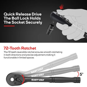 Eastvolt deep metric sockets with laser-etched sizes for reliable sizing in confined areas.