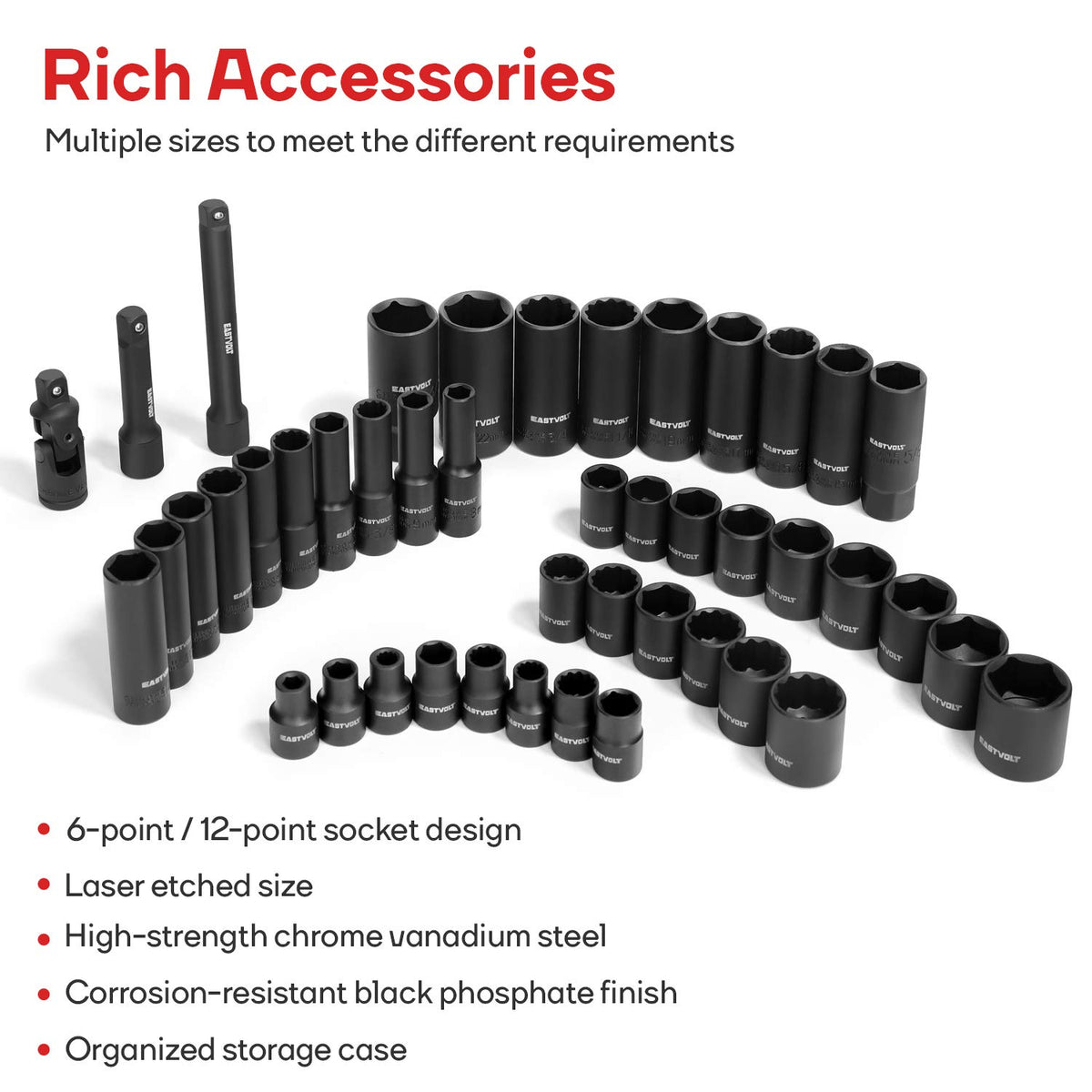 Eastvolt metric shallow sockets with laser-etched sizes for quick identification.