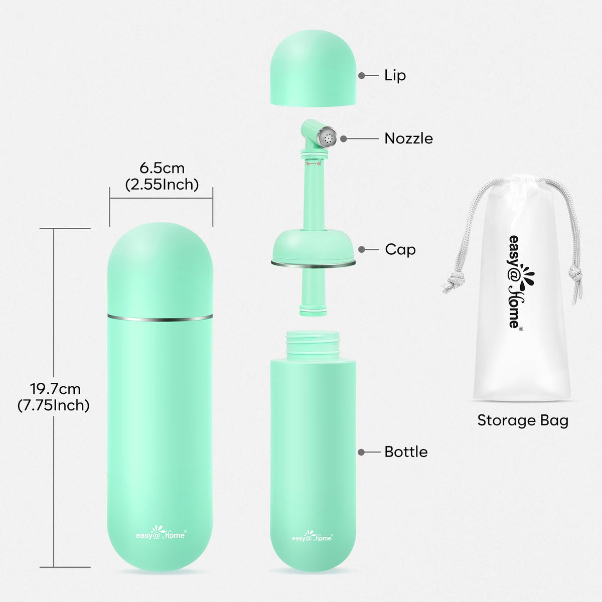 Easy@Home EPB-01 green bottle BPA-free label emphasizing safe materials.