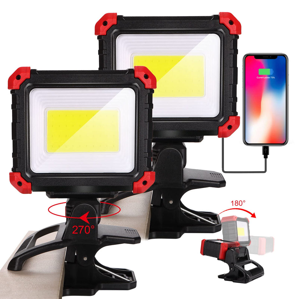 Easymaxx LED work light two-pack front view shows compact clamp design