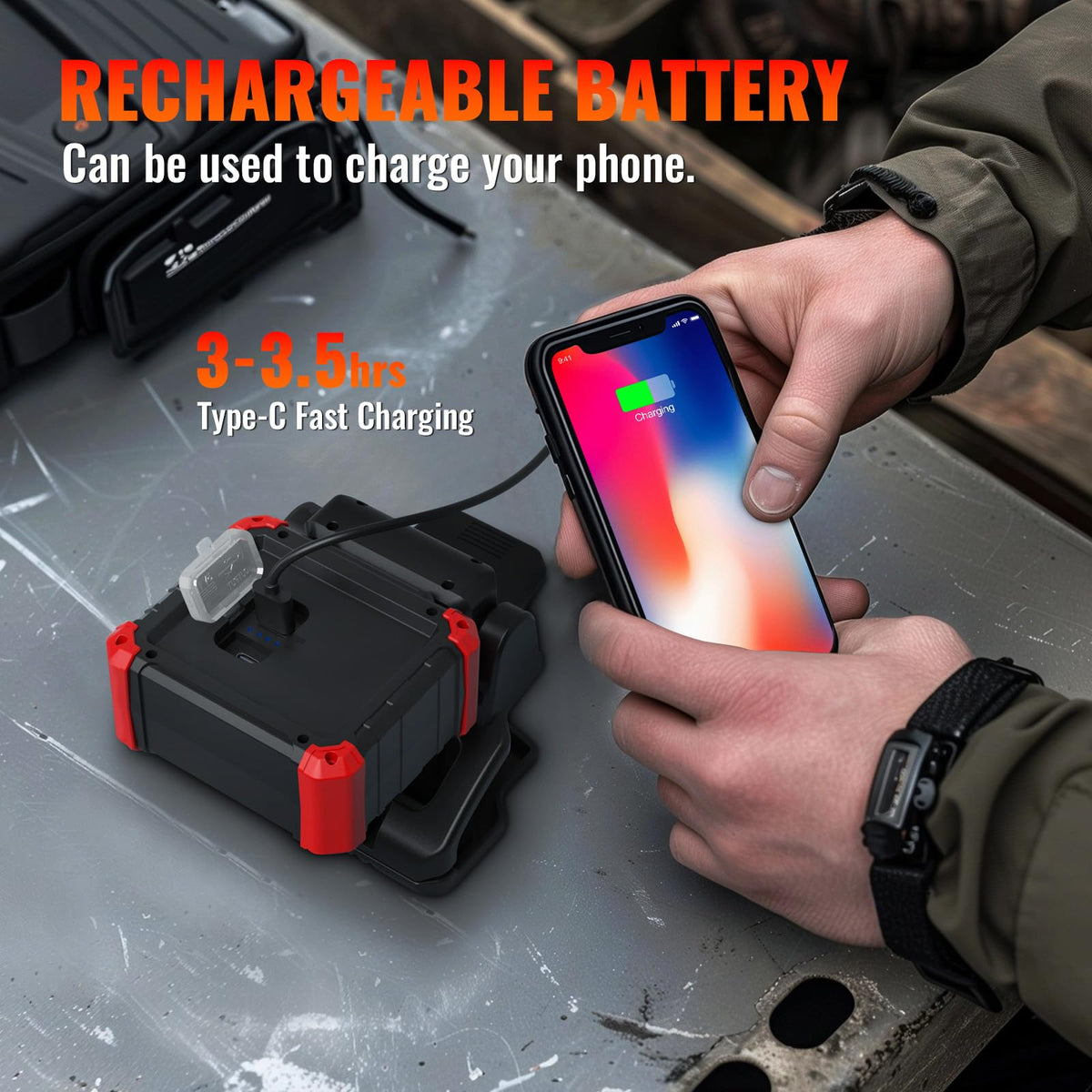 Easymaxx rechargeable work light charges via USB and powers mobile devices