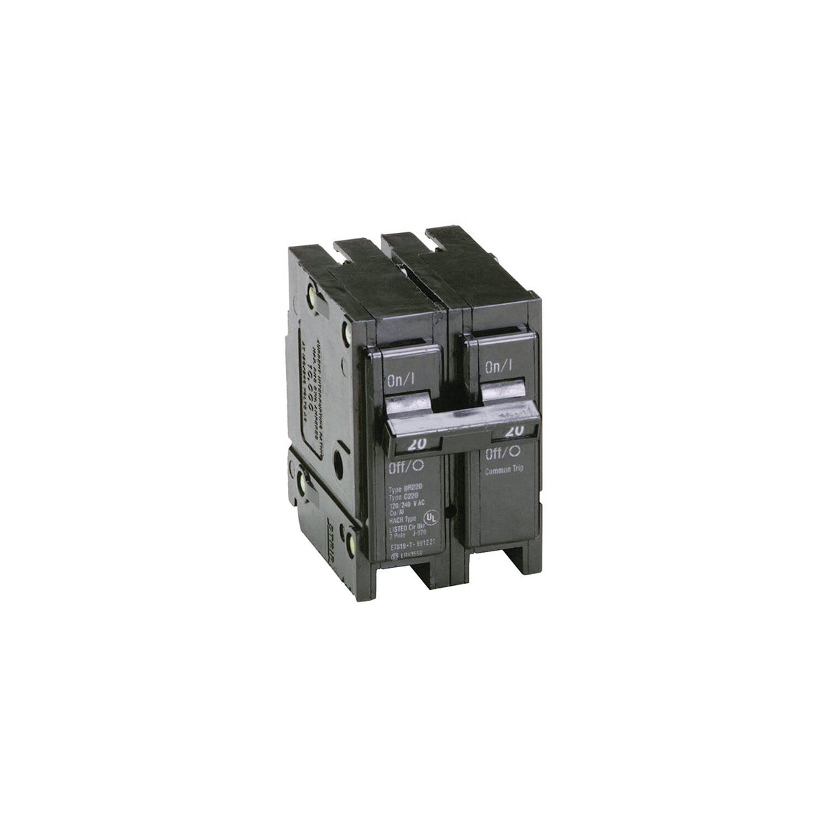 Eaton BR220 20A double-pole breaker protecting two circuits in a panel.
