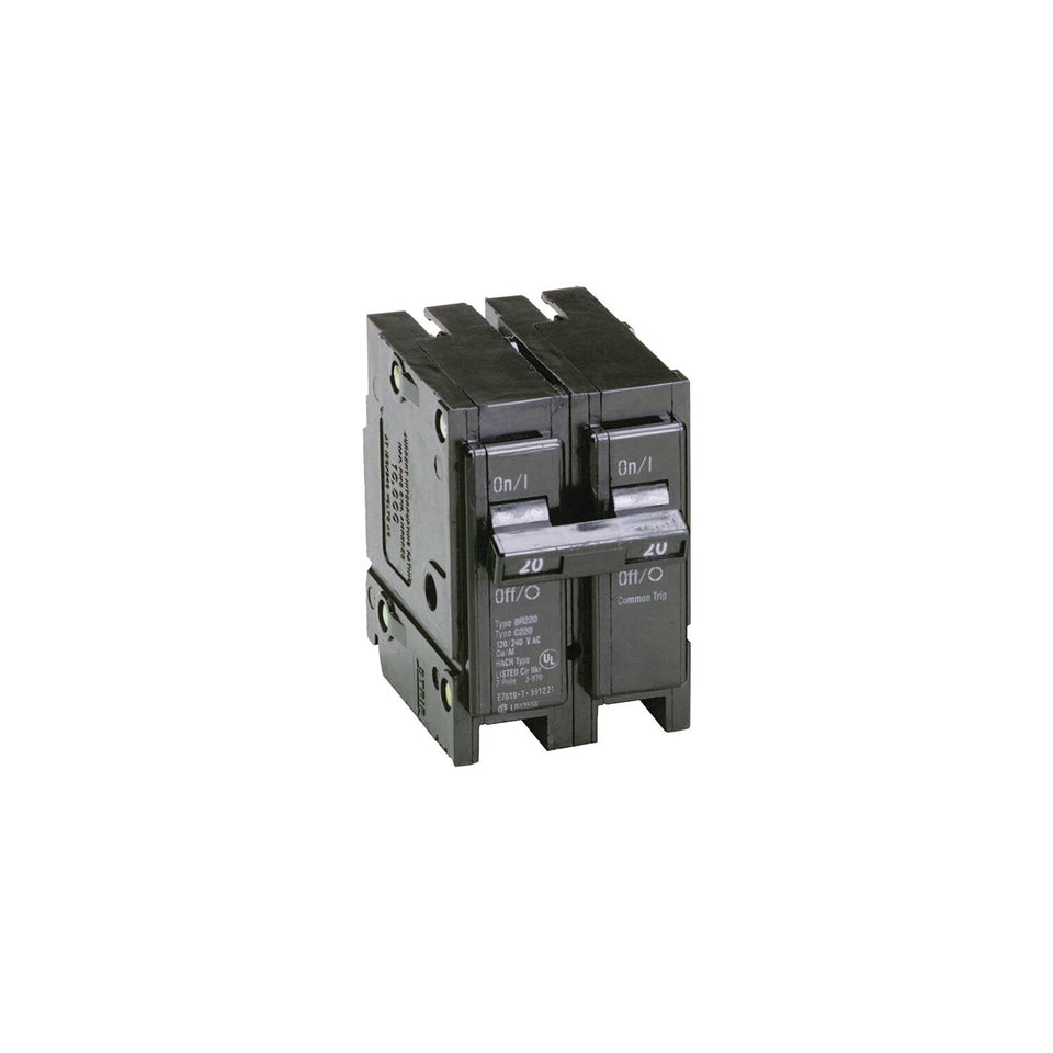 Eaton BR220 20A double-pole breaker protecting two circuits in a panel.