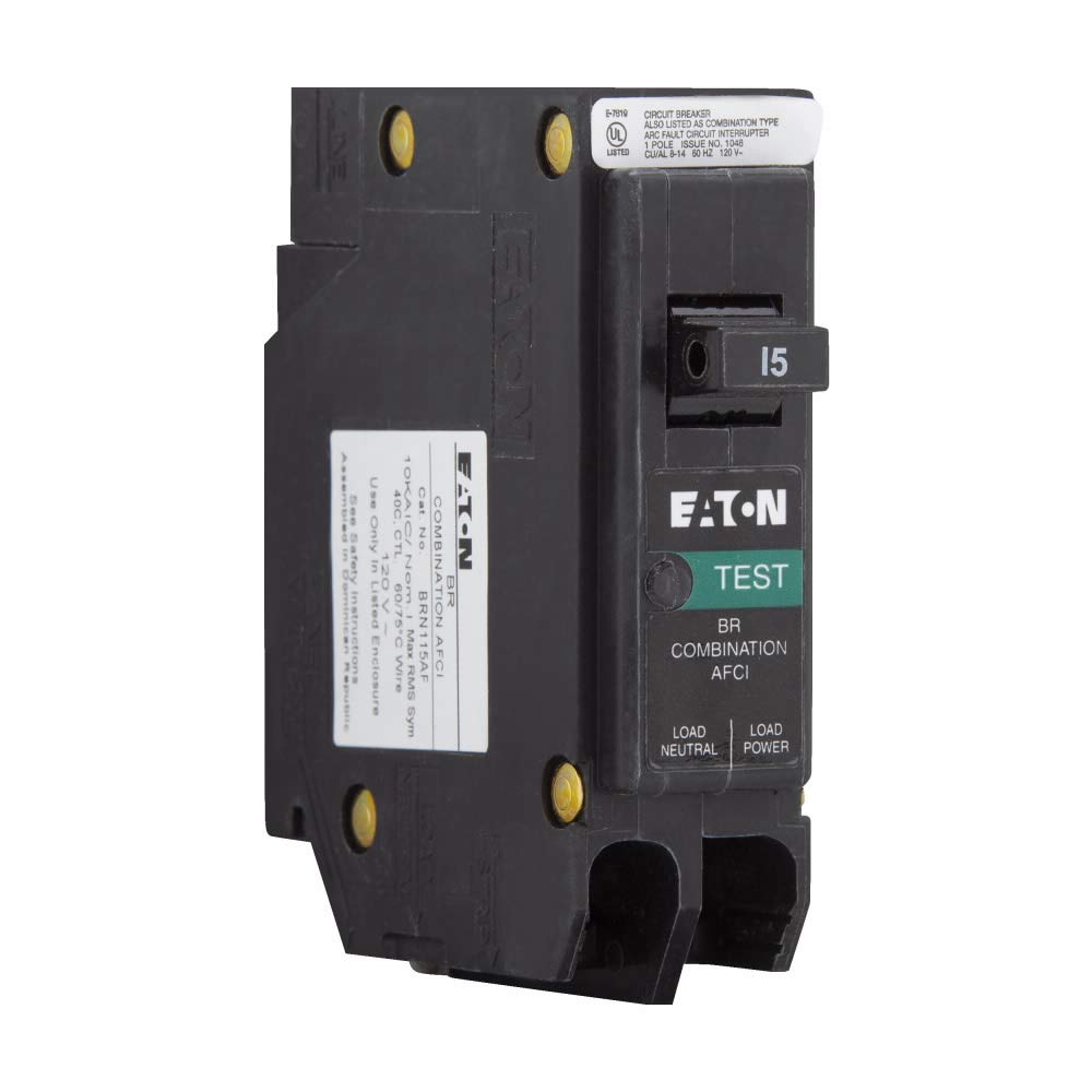 Eaton BRN115AF front view, compact 1-pole AFCI breaker for home circuits.