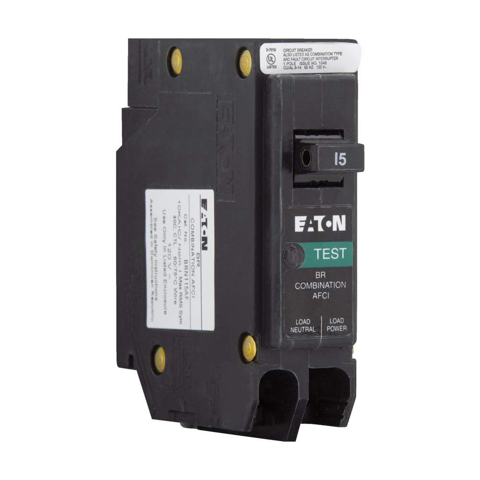 Eaton BRN115AF front view, compact 1-pole AFCI breaker for home circuits.
