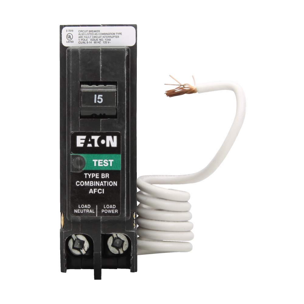 Eaton BRN115AF label details close-up, highlighting 15A capacity and AFCI protection.