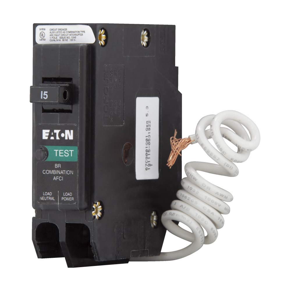 Eaton BRN115AF side view, 10kAIC rating with convenient pigtail connection.