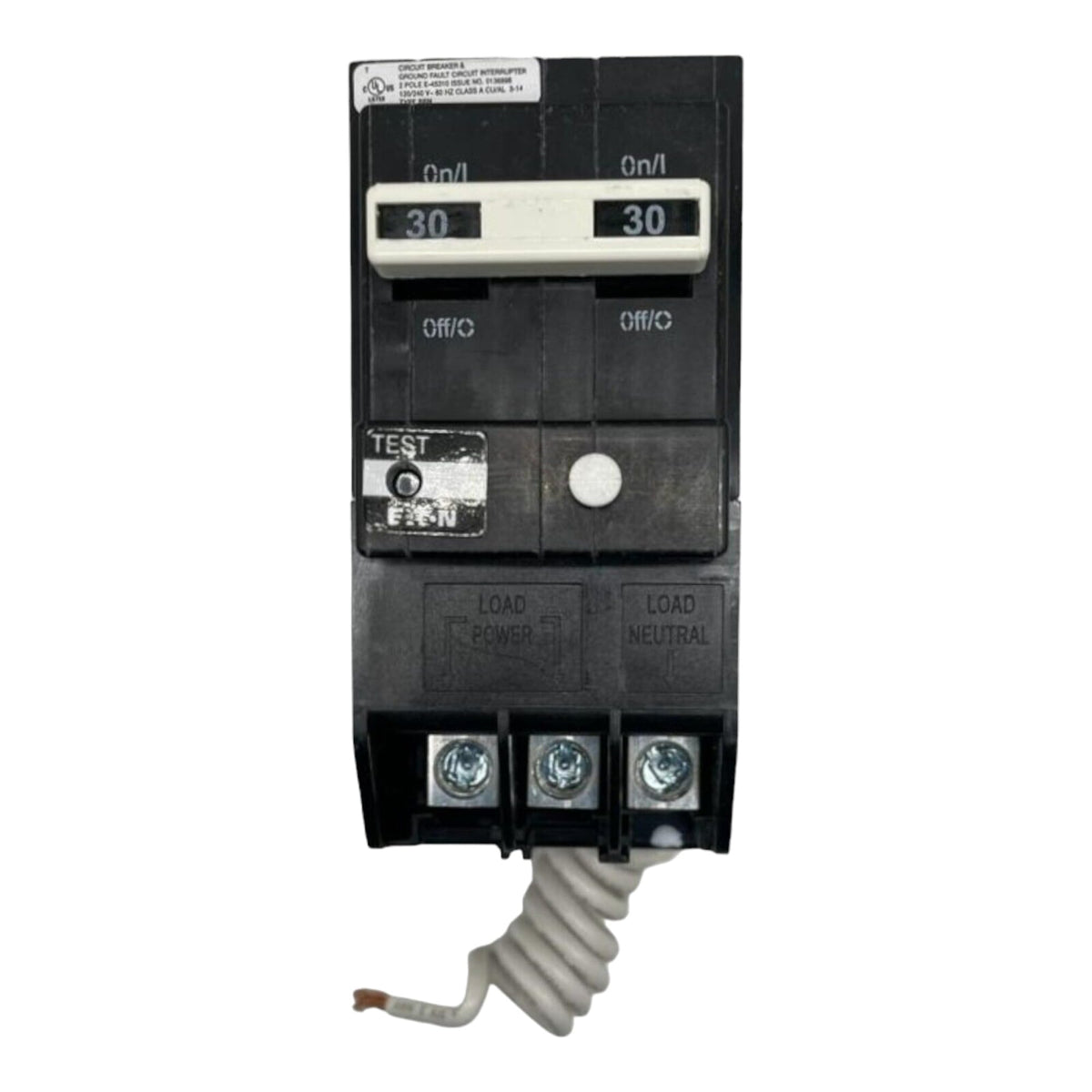 Eaton BRN230GF label detail showing 30A rating and KAIC capacity