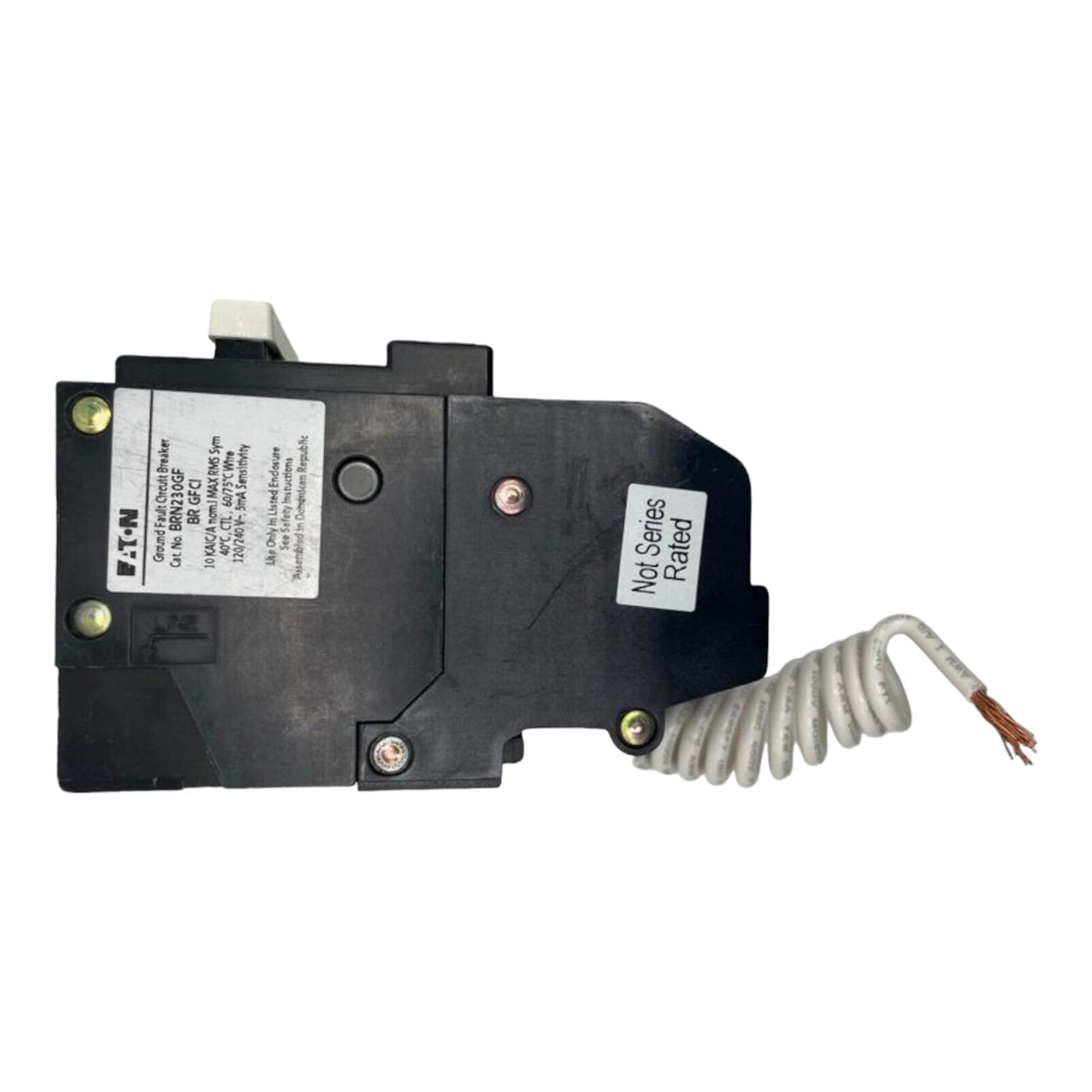 Eaton BRN230GF side view highlighting compact two-pole design for 120/240 V