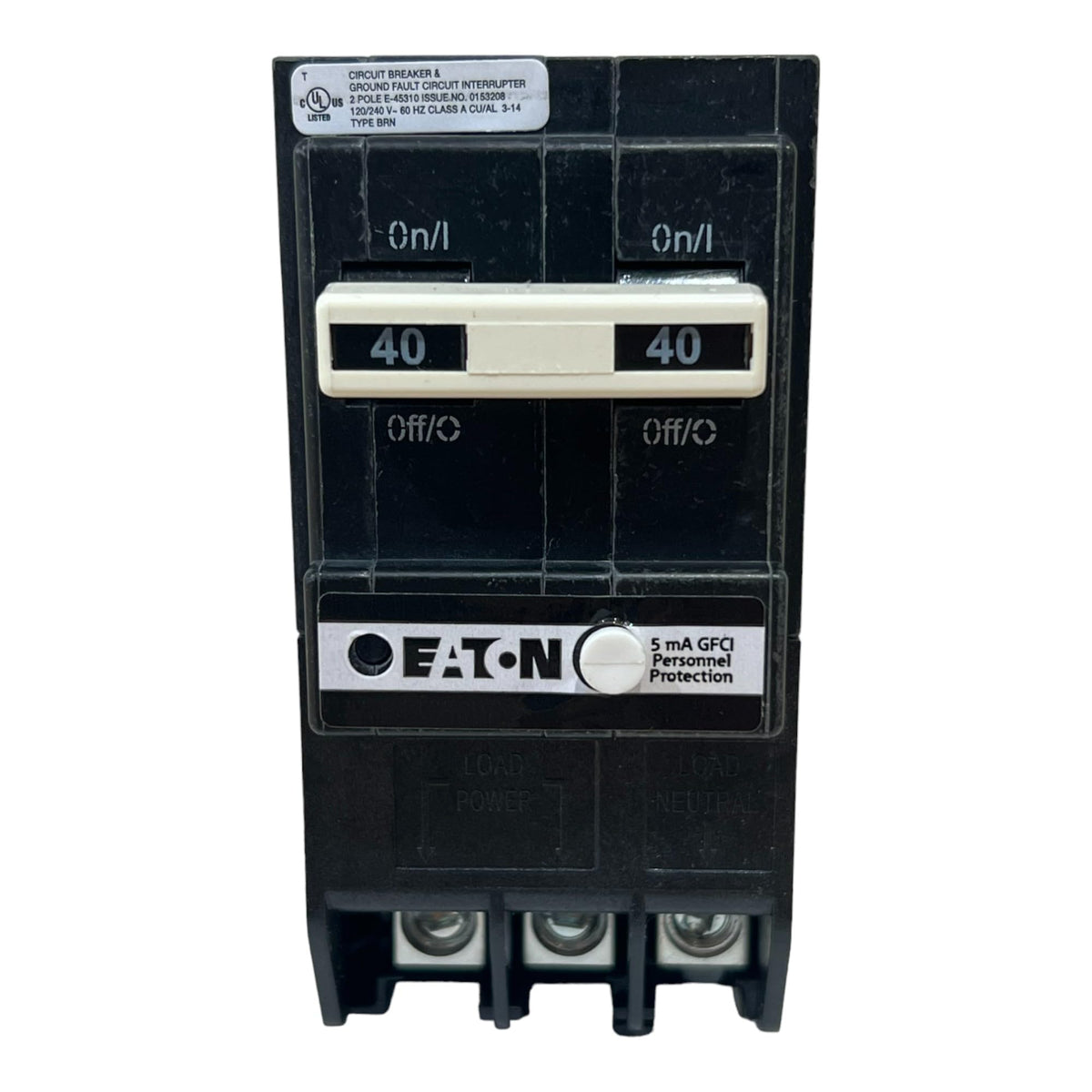 Eaton BRN240GF front view shows two-pole GFCI protection for safe circuits
