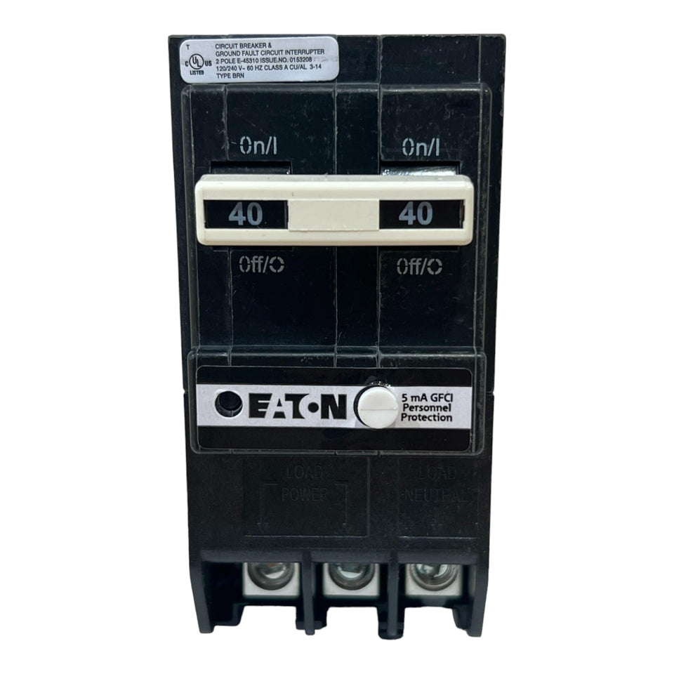 Eaton BRN240GF front view shows two-pole GFCI protection for safe circuits