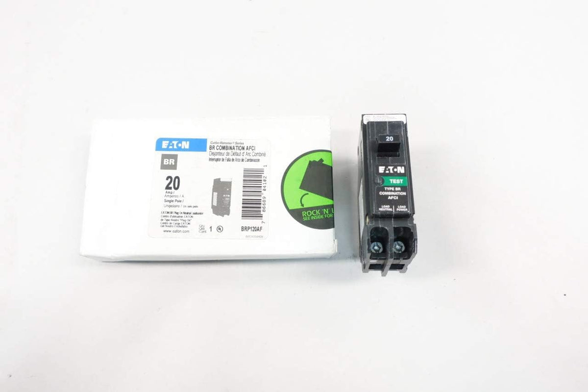 Eaton BRP120AF label detail with voltage and rating information.