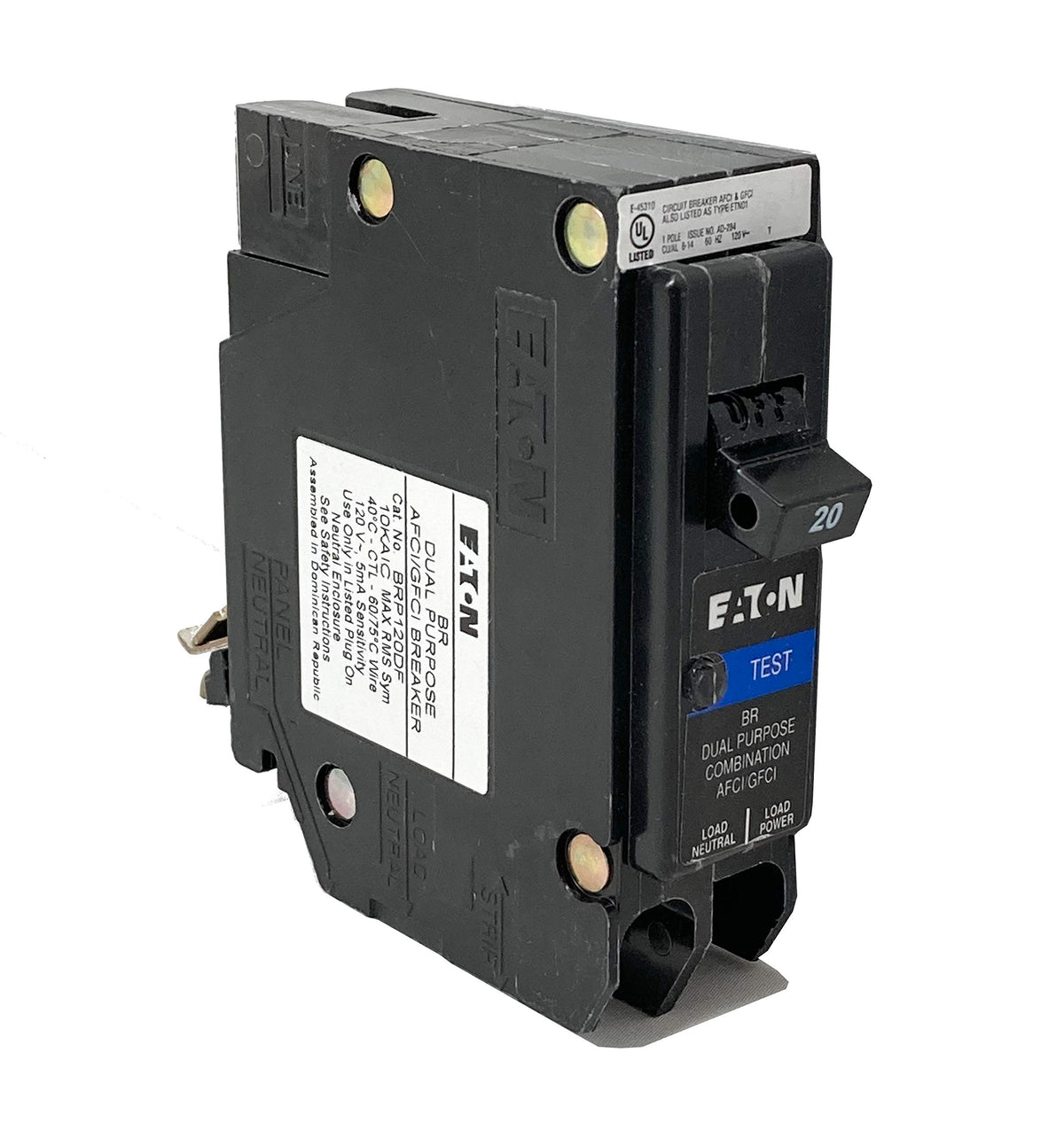 Eaton BRP120DF front view showing compact AFCI/GFCI protection for 20A circuits